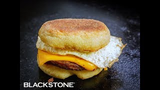 Breakfast Sausage, Egg, and Cheese on a Homemade English Muffin on the Blackstone Griddle