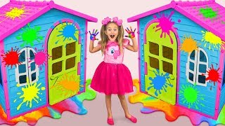 Sasha Paints and Decorates Playhouses & play in coloring Challenge with toys