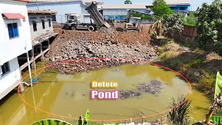 Amazing !! Pour Soil to Clear the pond Near The House Process By Bulldozer \u0026 5 TON Trucks Loading