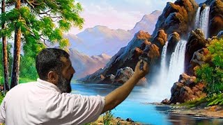 In a new way how to draw waterfall and mountains in the landscape