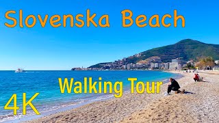 Slovenska Beach, Budva Montenegro 4K Walking Tour 2024