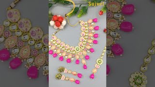 😍Sujwel's PinkPearl FloralPainting Kundan Jewellery Set💅Shop Now at sujwel.com🛍(Link in Discription)