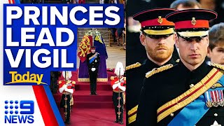 William and Harry lead Queen's grandchildren in vigil at coffin | 9 News Australia