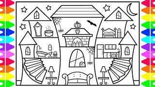 How to Draw a Halloween House for Kids 👻💜🖤💚🎃Halloween House Drawing and Coloring Pages for Kids