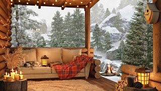 Cozy Winter Porch with Relaxing Snow Falling and Crackling Campfire for Relaxation Ambience