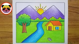 Scenery Drawing / How to Draw Beautiful Landscape Scenery / Village Scenery Drawing Easy / Scenery