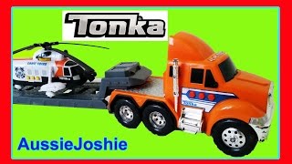 Tonka Toy Truck Video for Children: Big Tonka Flatbed Truck & Helicopter Toys Review.