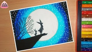 Cute Bunny Scenery Drawing with Oil pastels  Step by Step