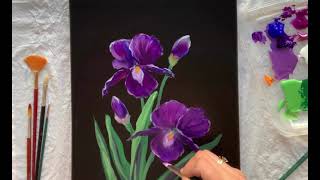 How to paint Iris flowers in acrylic paints. Free tutorial demo for beginner artists. DIY artwork.