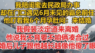 我陪闺蜜去民政局办事，却在门口遇见6月未见的霸总前任，他盯着我6个月孕肚问：来结婚，我假装淡定道来离婚，他说我不育要不咱俩凑合过，婚后儿子跟他越长越像他傻了眼