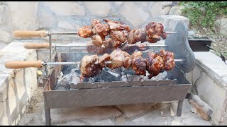 Electric Grill motor for BBQ. Cyprus-ukrainian style pork Souvla recipe. Rotisserie BBQ