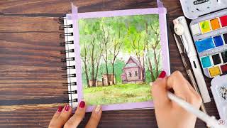 【米蒂水彩风景】简单的钢笔淡彩森林小屋，easy watercolor | watercolor forest painting