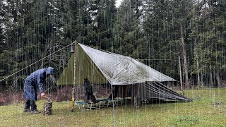 Solo Camping in Heavy Rain ⛈️ Relaxing Tarp Shelter - Sleeping with Rain Sound - ASMR