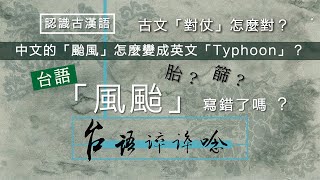 台語「風颱」寫錯了嗎？是「風胎」還是「風篩」？中文「颱風」怎麼傳去英文變成「Typhoon」？「康熙字典」裡有多少文人在吵架？想認識古漢語，來了解一下「對仗」吧。第二課。/【台語誶誶唸】第２５集