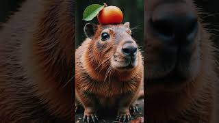 A Capybara with a piece of fruit on its head #minianimals #animals #ai #capybara #trending #shorts