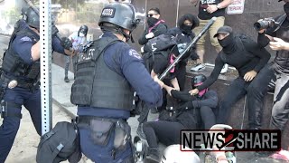 Police vs Antifa opposing right-wing spa protest in LA - Raw Footage