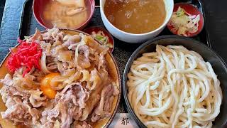 2021/8/14 入間古都でハーフ牛丼(生たまご入り)とハーフカレーつけうどんのセット