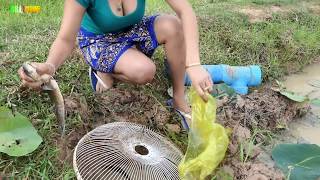 Clever Smart girl Trap Fishing Using PVC Water Pipe with Electric fan guard - Best idea net fishing