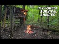 Bushcraft camping. Building a shelter for survival in the wild. Rescue from rain and wild animals.