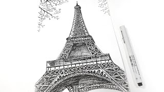 Eiffel Tower, Paris (Vertical Video) - pen drawing sounds ASMR - architecture sketch step by step