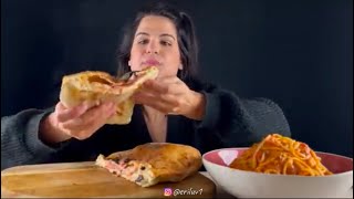 ASMeRi ASMR cheesy ham calzone spaghetti pasta Mukbang bites only