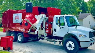 Red Harters’s Disposal G-S Products Split Body Automated Side Loader Garbage Truck