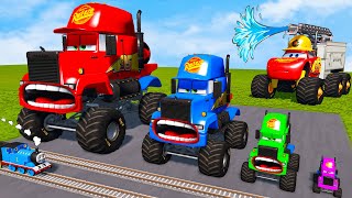 Big & Small Monster Truck vs McQueen Fire Truck with Slide Color vs Trains Thomas | BeamNG.Drive