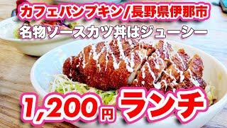 南アルプスの大絶景を眺めながら【ランチ】伊那市の名店！カフェ パンプキン【旅行VLOG、レビュー】みはらしファームの向かいで立地も抜群！名物ソースカツ丼はジューシーで肉厚！甘めのカレーは家族連れに！