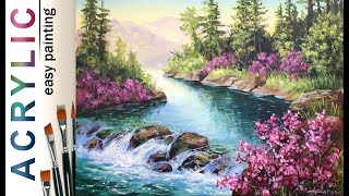 Waterfall and blooming forest. How to paint landscape 🎨ACRYLIC Tutorial DEMO