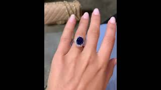 Louily Luxurious Halo Cushion Cut Blue Sapphire Engagement Ring For Women In Sterling Silver