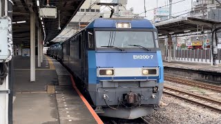 【ジョイント音最高！】JR貨物EH200形7号機＋タキ5B（両）が大宮駅6番線をかなり高速通過するシーン（臨8764レ・高A205・石油返空）2022.10.14