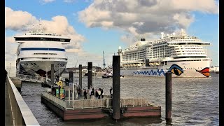 1080p AIDAaura \u0026 AIDAprima wunderschönes Doppel- Auslaufen im Hamburger Hafen (HORN) 21.05.2022