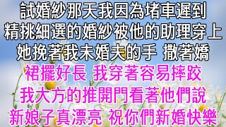 試婚紗那天我因為堵車晚到幾分鐘，精挑細選了半年的婚紗被未婚夫助理穿上。她挽著我未婚夫的手，撒著嬌「裙擺好長，我穿著容易摔跤。」我大方的推開門看著林朝暮「新娘子真漂亮，祝你們新婚快樂。」【感悟人生】