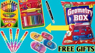 GEOMETRY BOX  Snacks mei nekli Lead Pencil, Clay, Stickers, Pen & Eraser etc Free GIFTS | 5 rs Only|