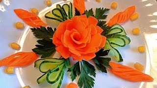 HOW TO MAKE CARROT ROSE AND CARROT LEAF & CUCUMBER GARNISH - VEGETABLE CARVING