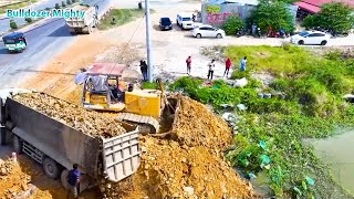 Replay | Processing Filling Up The Land huge, Bulldozer KOMATSU D60P, Dump Truck Unloading