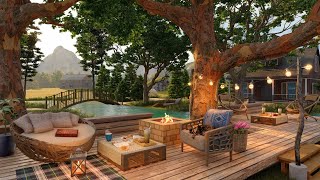 Cozy Terrace with Summer Forest Soundscape, Lake and Fireplace Sounds for Relaxation Ambience