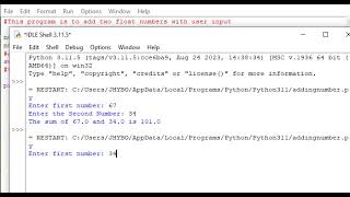 python program to add two float number through user input. python programming for beginners