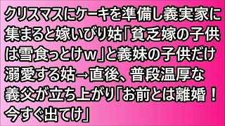 【スカッと】クリスマスにケーキを準備し義実家に集まると嫁いびり姑「貧乏嫁の子供は雪食っとけｗ」と義妹の子供だけ溺愛する姑→直後、普段温厚な義父が立ち上がり「お前とは離婚！今すぐ出てけ」【修