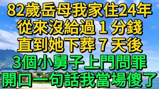 82歲岳母我家住24年，從來沒給過1分錢，直到她下葬7天後，3個小舅子上門來問罪，開口一句話我當場傻了 | 柳梦微语