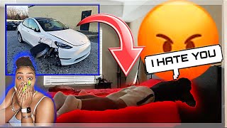 I CRASHED MY BOYFRIEND BRAND NEW TESLA PRANK! *He cried*