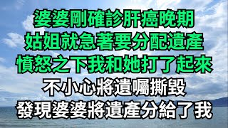 婆婆剛確診肝癌晚期，姑姐就急著分配遺產，憤怒之下我和她打了起來，不小心將遺囑撕毀，才發現婆婆將遺產分給了我！【流年故事會】#落日溫情 #情感故事 #花開富貴 #深夜淺讀 #深夜淺談 #家庭矛盾 #爽文