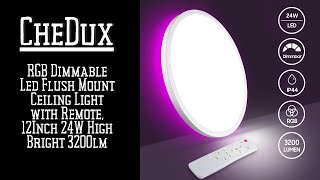 RGB Dimmable Led Flush Mount Ceiling Light with Remote, 12Inch 24W High Bright 3200lm