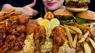 ASMR: EATING HUGE FAST FOOD, BIG BURGERS, FRENCH FRIES, MAGGI NOODLES, CHICKEN LEG PIECE AND WINGS