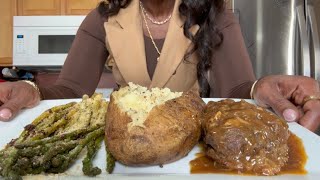 This Is What My Man Requested! Smothered NY Strip Steak, Baked Potato \u0026 Garlic Parm Asparagus!