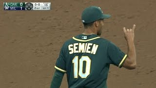 OAK@MIL: Semien erases the Brewers' runners