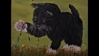Easy Painting "Playful Kitten" Black Cat with Acrylics, step by step tutorial for beginners