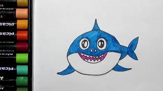 How to Drawing and Painting Baby Shark for Kids | Baby Shark Daddy  Drawing Easy  | Cute Baby Shark