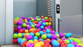 Balls on escalator from elevator. Marble run with rigid body simulation. Cinema 4D, Blender.