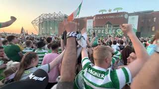 Celtic fans celebrating 8th domestic treble outside celtic park 🍀